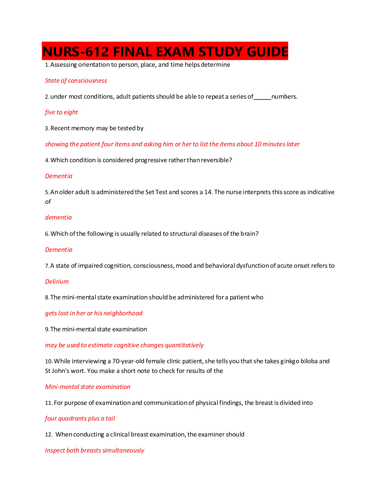 Preview of NURS 612- FINAL EXAM STUDY GUIDE